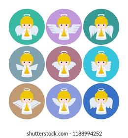 set of cute angel and wing playing trumpet in difference types of wings, for christmas and easter, flat design