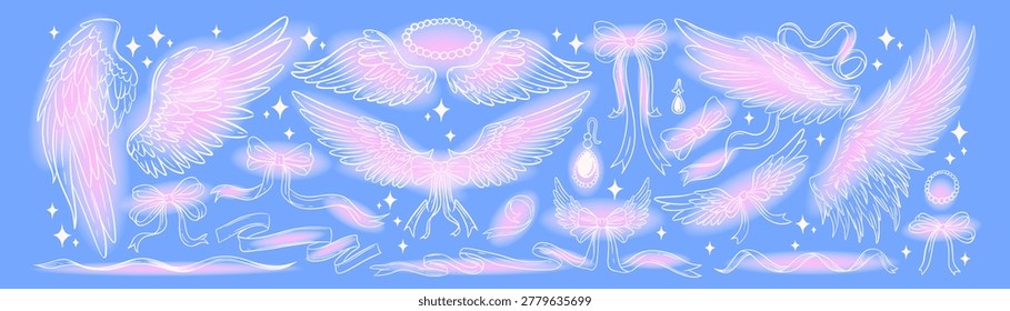 Set of cute angel wings bows ribbons and pearls in pink white outline on blue background, dreamy coquette aesthetic vector illustration collection