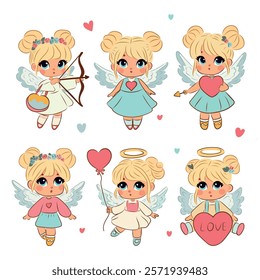 Set of cute angels with blond hair, girls, for Valentine's Day, February 14, stickers, postcard design, heart, wings, vector.