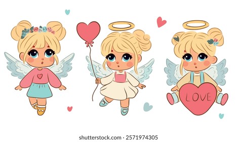 Set of cute angels with blond hair, girls, for Valentine's Day, February 14, stickers, postcard design, heart, wings, vector.