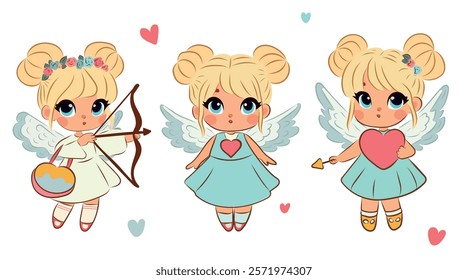 Set of cute angels with blond hair, girls, for Valentine's Day, February 14, stickers, postcard design, heart, wings, vector.