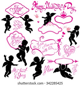 Set of cute angels, Calligraphic text Happy Valentine`s Day, hearts and birds isolated on white background. Elements for holiday card design elements. 