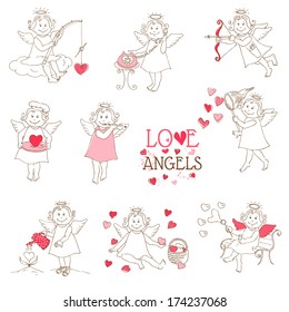 Conjunto de lindos ángeles y cúpidos - Amor, Boda, Tema de San Valentín - en vector