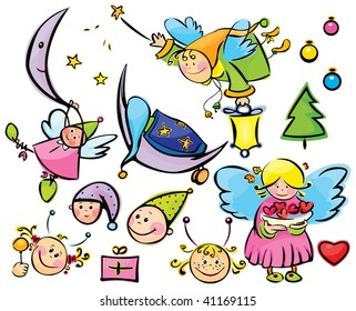 Set of cute angels and elements for xmas design