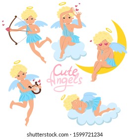 Set of cute angels isolated on a white background. Vector graphics.