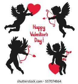 Set of cute angels. Silhouette of Cupids. Valentines day. Vector illustration. 