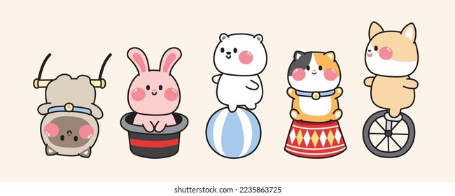 Set of cute animal in amusement park concept.Cartoon character various poses.Circus.Fun time.Cat,rabbit,bear,dog hand drawn.Kawaii.Vector.Illustration.