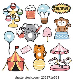 Juego de animales lindos en parque de diversiones y concepto de carnaval. Rueda de la Farris. Globo. Tigre, elefante, mano de mono dibujada. Kawaii.Vector.Ilustración.