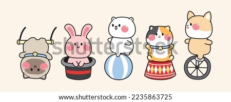 Set of cute animal in amusement park concept.Cartoon character various poses.Circus.Fun time.Cat,rabbit,bear,dog hand drawn.Kawaii.Vector.Illustration.