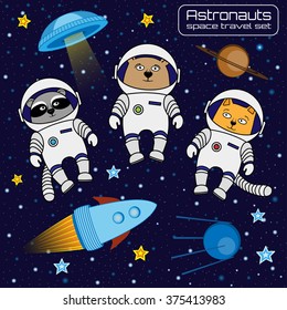 Set of cute animal astronauts, rocket, satellite, UFO, stars in cosmos, cartoon style vector illustration. Cartoon animal cosmonauts - cat dog raccoon in space suite, spaceship, planet, flying saucer