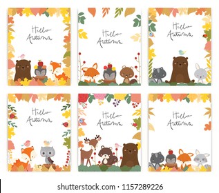 Set of cute animal autumn card vector illustration. Hello autumn.