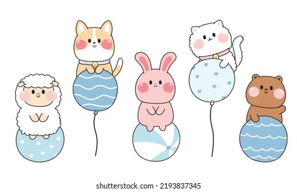 Conjunto de animales adorables con globo y bola. Diseño de caracteres. Oveja, corgi, conejo, gato, mano de oso dibujada. Kawaii.Vector.Ilustración.