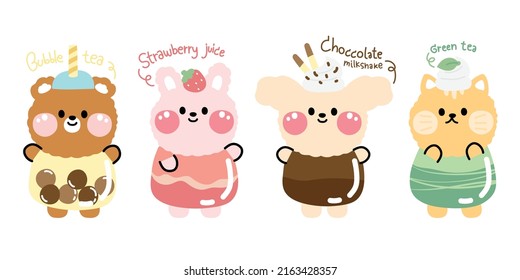 Set of cute animal in beverage costume.Cartoon funny character design.Bear,rabbit,dog, cat hand drawn.Bubble milk tea,strawberry,chocolate,green tea flavor.Isolated.Kawaii.Vector.Illustration.