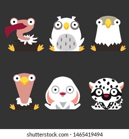Set of cute animal and bird logos. Vulture, owl, eagle, ostrich, hare and white leopard are sitting on a dark background.

