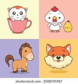 Set of cute animal cards for kids with cat in the cup, chicken, chick, horse and fox