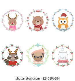 Set of cute animal cartoon character and floral frame illustration