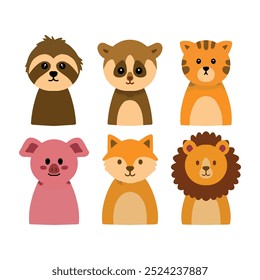 Set of cute animal cartoon illustration. Sloth, slow loris, cat, pig, fox, and lion