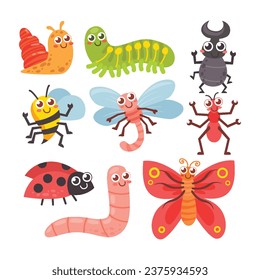 Set of Cute Animal Cartoon Isolated Element Objects with Bee, Ant, Worm, Butterfly, Dragonfly, Snail and Beetle. Flat Style Icon Vector Illustration