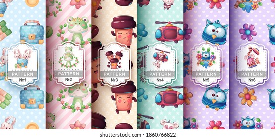 Set cute animal cartoon sticker. Seamless pattern. Vector eps 10