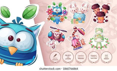 Set cute animal cartoon sticker. Vector eps 10