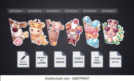 Set cute animal cartoon sticker. Vector eps 10