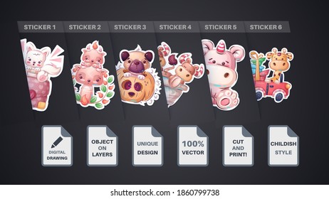 Set cute animal cartoon sticker. Vector eps 10