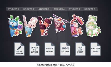 Set cute animal cartoon sticker. Vector eps 10