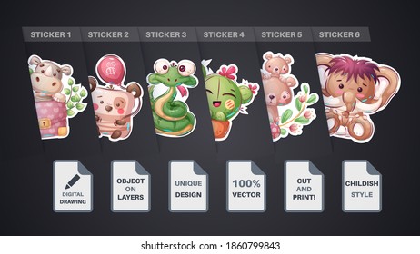 Set cute animal cartoon sticker. Vector eps 10