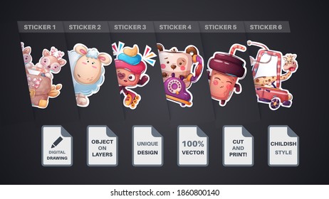 Set cute animal cartoon sticker. Vector eps 10