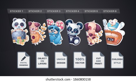 Set cute animal cartoon sticker. Vector eps 10