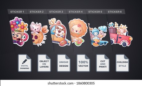 Set cute animal cartoon sticker. Vector eps 10