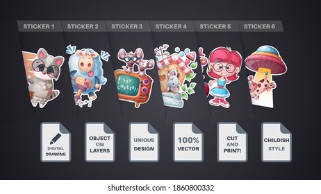 Set cute animal cartoon sticker. Vector eps 10