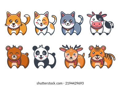 Set of cute animal in cartoon style drawing. Cat, dog, cow, bear, panda, deer, and tiger. Good for sticker, printing, label, poster, banner, advertising, and other.