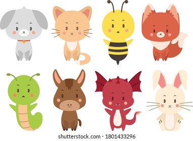 set cute animal cat dog dragon rabbit fox bee