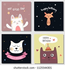 Set of cute animal cat doodle drawing design. Cartoon pet hand drawn style vector Illustration collection