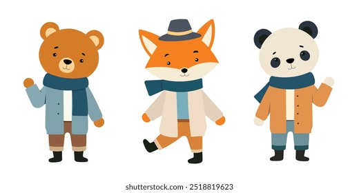 Conjunto de Ilustración vectorial de dibujos animados de personaje animal lindo. Oso, panda, zorro con ropa de otoño. Diseños gráficos para imprimir, textil, tela para bebé, niños y niños.