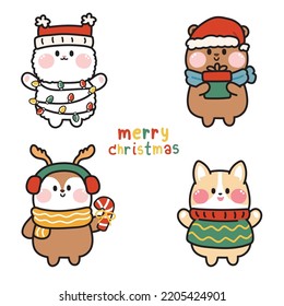 Set of cute animal character design in christmas concept.Happy new year.Rabbit,bear,deer,corgi dog hand drawn collection.Winter.Kawaii.Vector.Illustration.