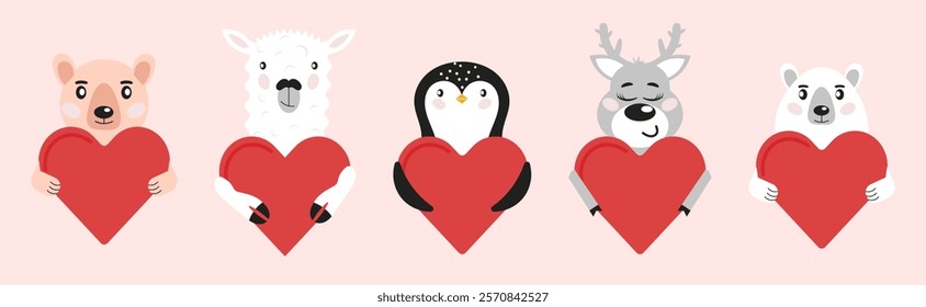 Set of cute animal character holding heart in cartoon style