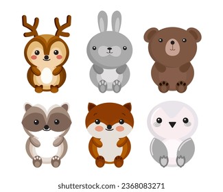 Set of cute animal characters, bear, hare, deer, penguin, badger. Illustration, children's print, postcard, vector	