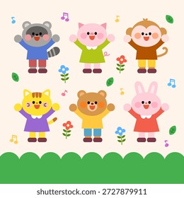 Conjunto de personajes animales lindos que incluyen mapache, cerdo, mono, gato, oso y conejo con flores y notas musicales. Ilustración vectorial para el diseño de los niños.