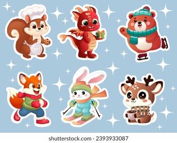 set of cute animal characters for New Year's adventures. stickers in cartoon style, lifestyle, winter fun, sports. Fox, Squirrel, Dragon, Hare, deer, bear. Skiing, ice skating, snowballs, cocoa, gift