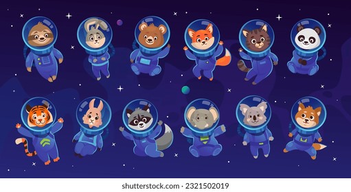 Set of cute animal characters in spacesuits and helmets floating in space: tiger, sloth, bear, panda, cat, fox, koala, dog, raccoon, rabbit, elephant. Collection of cartoon vector cosmonauts.