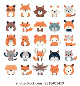 Set of cute animal characters using flat design and minimalism. For children's books, animations, branding, or merchandise