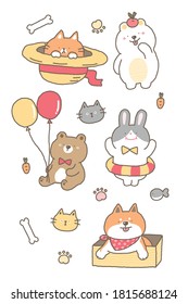 Set of Cute Animal Characters. Vector Illustration of Bears, Cat, Rabbit and Shiba Inu Dog Design on White Isolated Background.