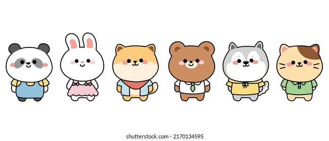 Set cute animal in clothing cartoon Panda bear shiba inu dog rabbit cat siberian hand drawn Costume Kawaii Vector Illustration 