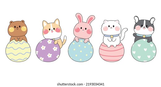 Set of cute animal with colorful ball on white background.Pet and wild animals character cartoon design.Bear,corgi,rabbit,cat,dog hand drawn.Kid graphic.Kawaii.Vector.Illustration.