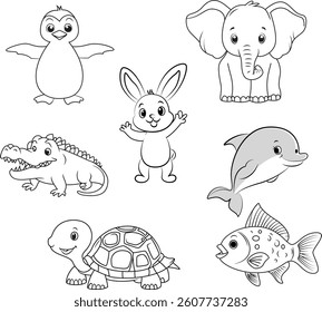 A set of cute animal coloring illustration