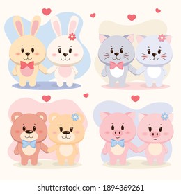 Set Of Cute Animal Couples, Bear, Pig, Rabbit And Cat