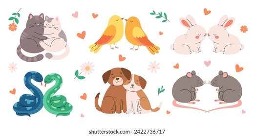 Set of cute animal couples in love. Romantic couples of cats, birds, rabbits, snakes, dogs and rats. Vector collection for valentines day poster, banner, greeting card
