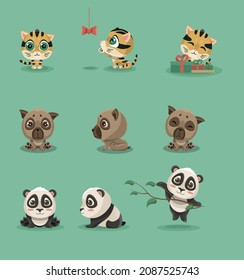 Set of cute animal cubs: panda, pug and tiger. Kitten, puppy and small panda in three different positions.